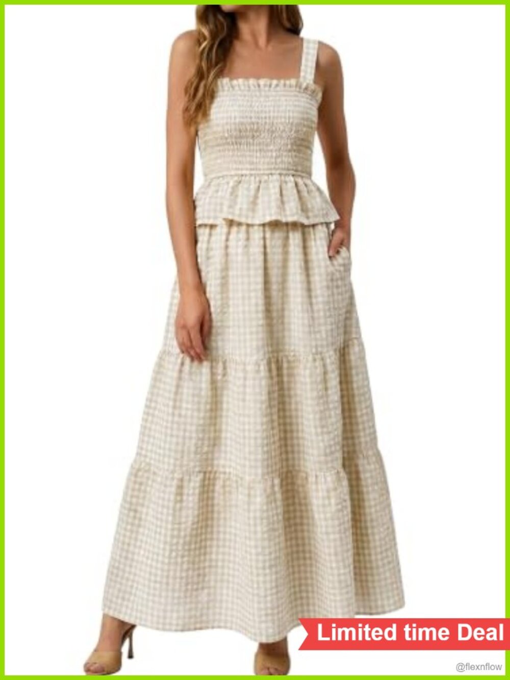 Gingham 2 Piece Smocked Skirt Set with Pockets Cotton Blend